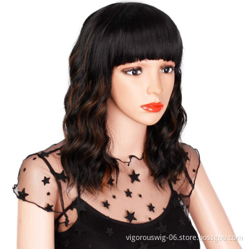 Vigorous Hot Selling Cheap Middle Long With Neat Bangs Mixed Brown Heat Resistant Fiber For Black Women Synthetic Hair Wigs